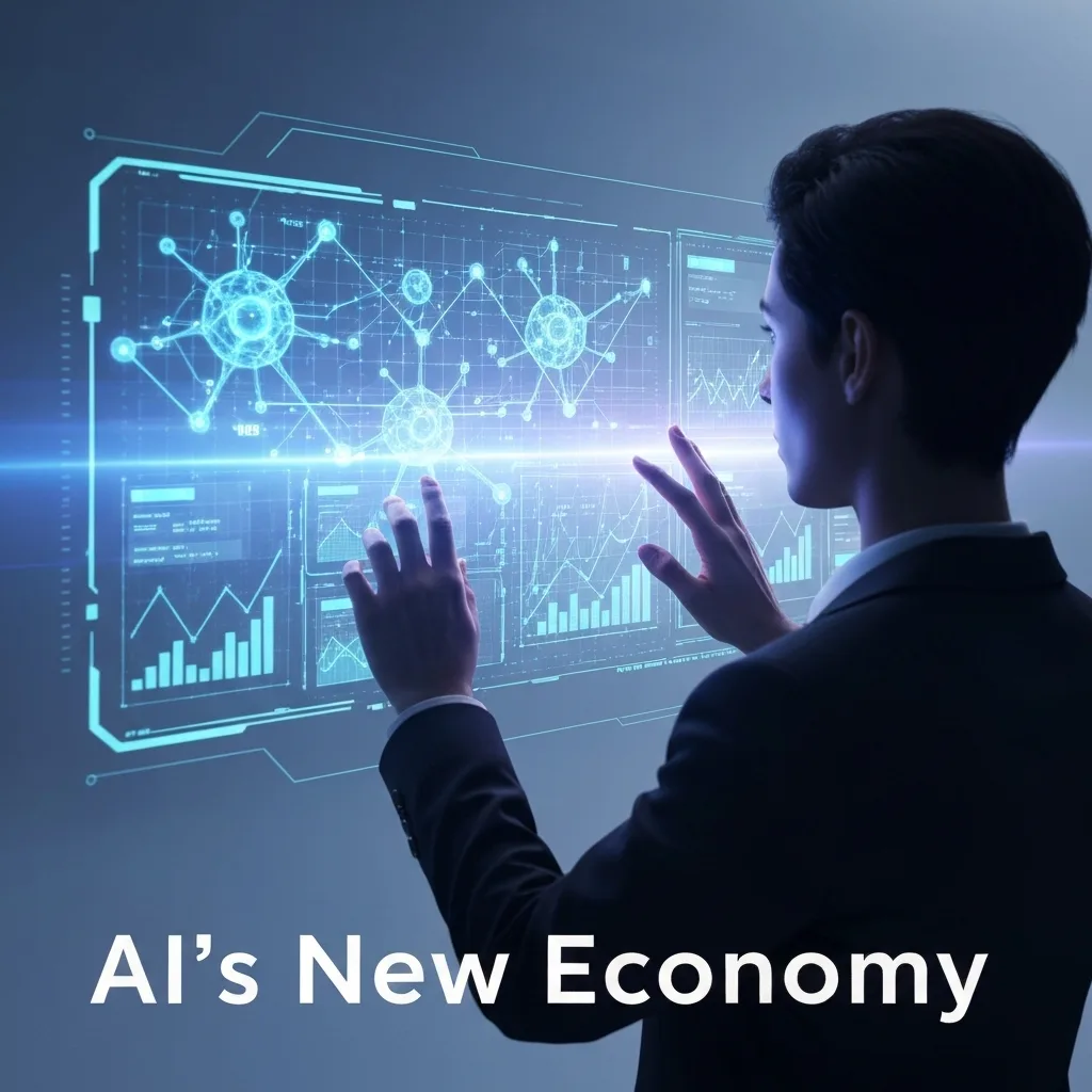 A futuristic digital illustration showing a person interacting with a glowing holographic interface displaying interconnected data and neural networks, representing the AI Automation Economy. The image accompanies an article titled "What is the AI Automation Economy: A Beginner's Guide."