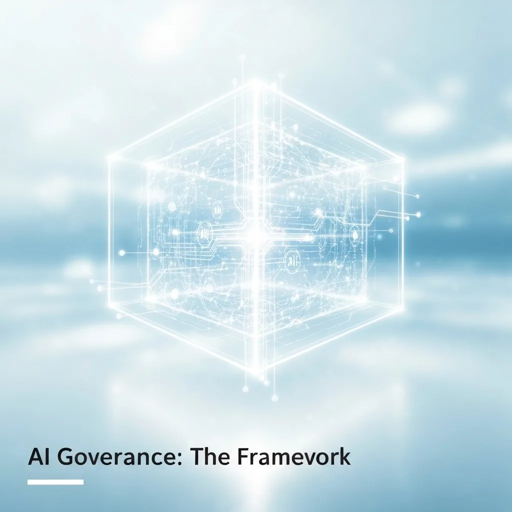 A modern digital illustration depicting an abstract, glowing geometric framework containing dynamic AI data flows and neural network elements, symbolizing a robust AI data governance framework. The image conveys structure, control, and ethical oversight, illustrating "How to Build a Robust AI Data Governance Framework: A 6-Step Guide."