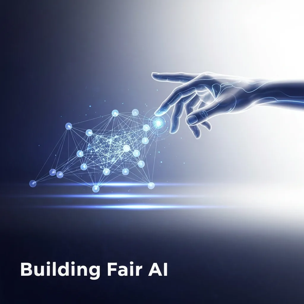 A futuristic digital illustration showing a human hand balancing a glowing, complex AI neural network, with the headline 'Building Fair AI'. This image represents the practical guide to mitigating bias in AI models, emphasizing human oversight and ethical development.