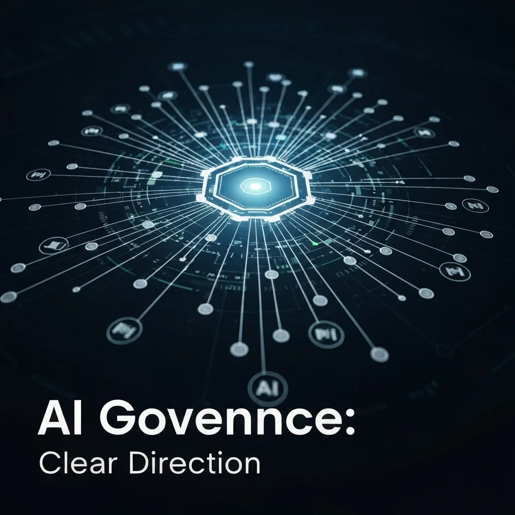 A conceptual digital illustration showing a central glowing hexagonal interface acting as a control hub for interconnected AI data streams, models, and pipelines, with the headline "AI Governance: Clear Direction" overlaid. This image represents the structure and oversight of an AI Governance Committee as described in the article "The New AI Governance Committee: Who's in Charge of Data, Models, and Pipelines?".