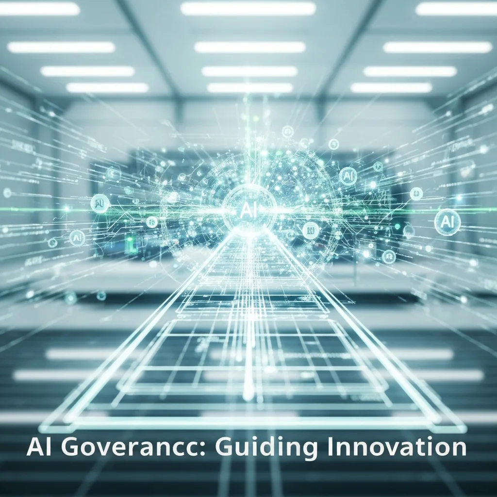 A conceptual digital artwork showing glowing AI data streams being guided by a transparent, geometric framework in a futuristic research lab, with the headline "AI Governance: Guiding Innovation" overlaid. This visual represents the step-by-step framework for implementing AI governance in research labs.