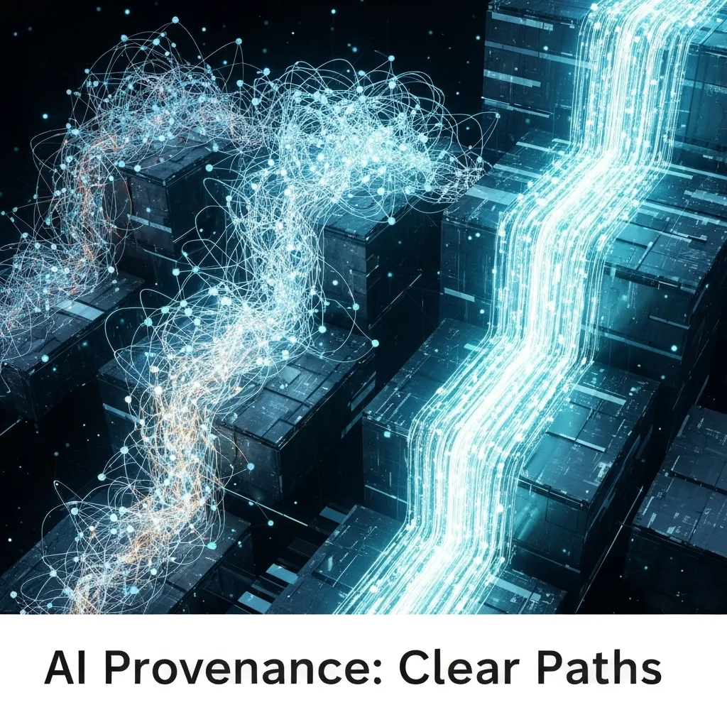 A conceptual digital artwork showing a network of glowing, interconnected AI data pathways, some tangled and some clear, with the headline "AI Provenance: Clear Paths" overlaid. This image illustrates the "5 Common Model Provenance Challenges in Multi-Institution AI Labs (and How to Solve Them)."