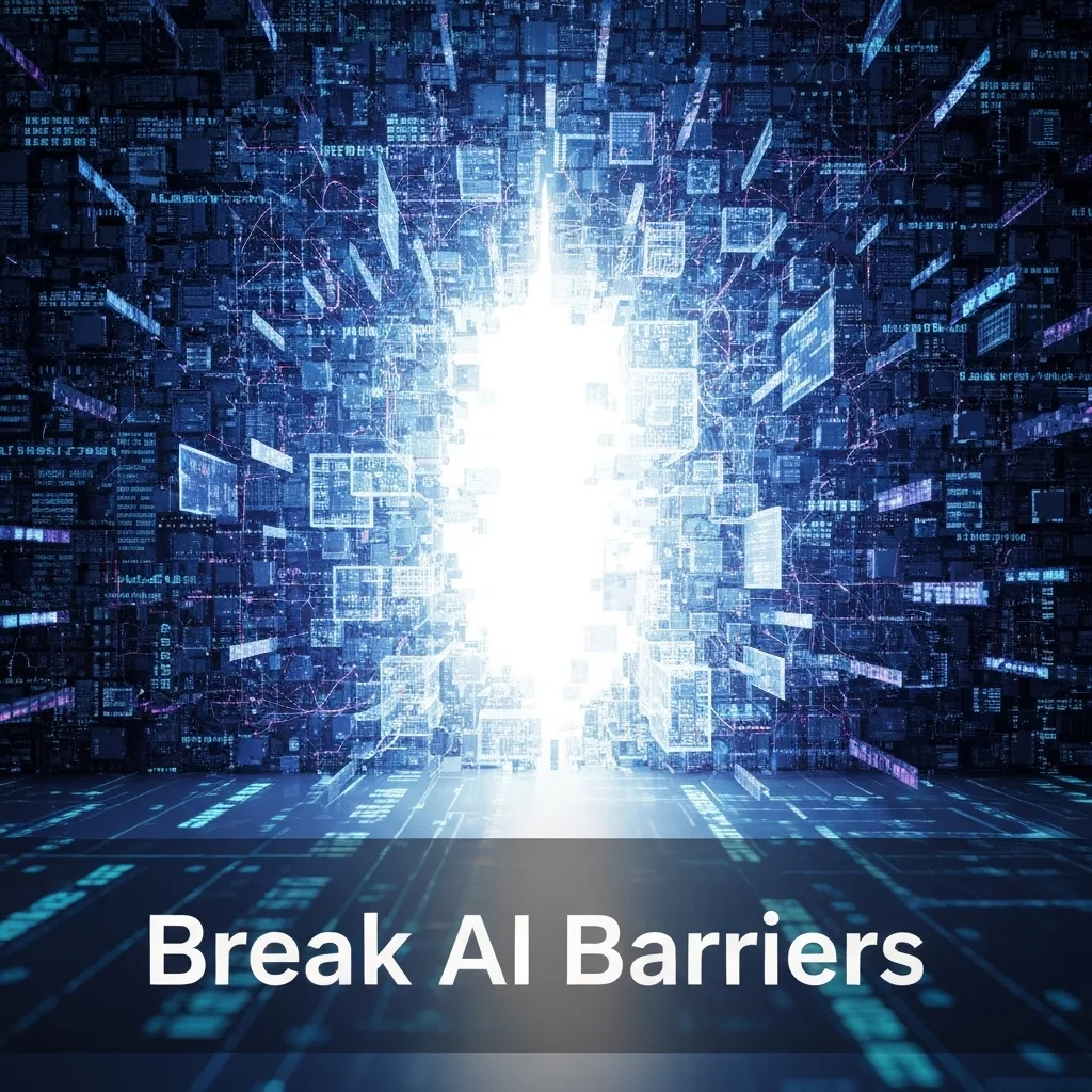 A conceptual digital illustration showing a clear, illuminated path breaking through a complex, fragmented digital wall of data and code, symbolizing the overcoming of 7 major barriers to AI adoption. The headline "Break AI Barriers" is overlaid.