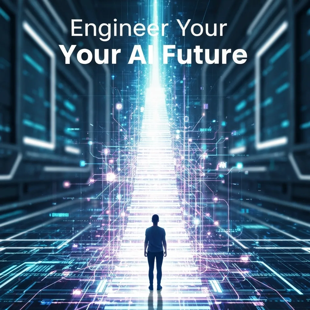 A determined figure stands on a glowing digital pathway leading into a futuristic AI cityscape, symbolizing the journey described in "How to Become an AI Engineer in 2025: A Step-by-Step Roadmap."