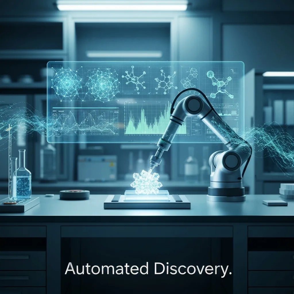 A futuristic self-driving lab featuring a robotic arm manipulating a scientific sample under a glowing holographic AI interface, illustrating the concept of automated scientific discovery.