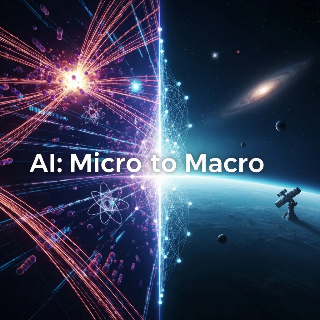 A digital art image comparing AI applications in high-energy physics and computational astrophysics. One side shows particle collision trails and data streams, the other shows a deep-space nebula and galaxies, with a glowing AI neural network connecting them. The headline "AI: Micro to Macro" is overlaid. This visualizes the article "AI in High-Energy Physics vs. Computational Astrophysics: A Comparative Analysis."