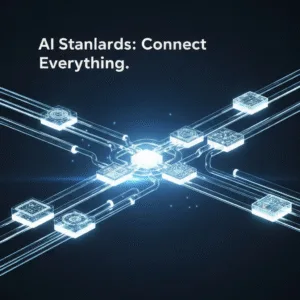A modern digital illustration showing glowing geometric shapes representing diverse AI systems connecting seamlessly through illuminated pathways, symbolizing open standards and interoperability, as discussed in "What Are Open Standards in AI? A Complete Guide to Interoperability."