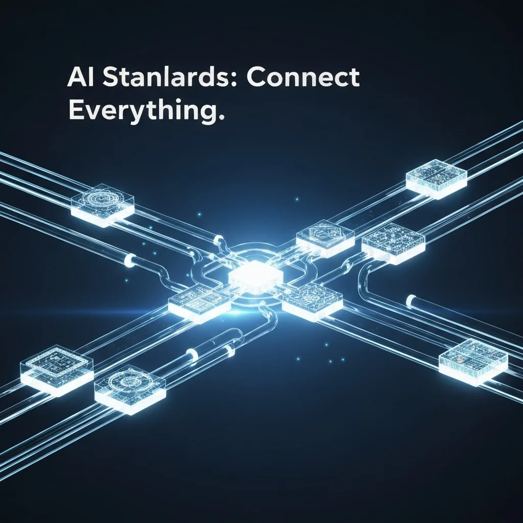 A modern digital illustration showing glowing geometric shapes representing diverse AI systems connecting seamlessly through illuminated pathways, symbolizing open standards and interoperability, as discussed in "What Are Open Standards in AI? A Complete Guide to Interoperability."