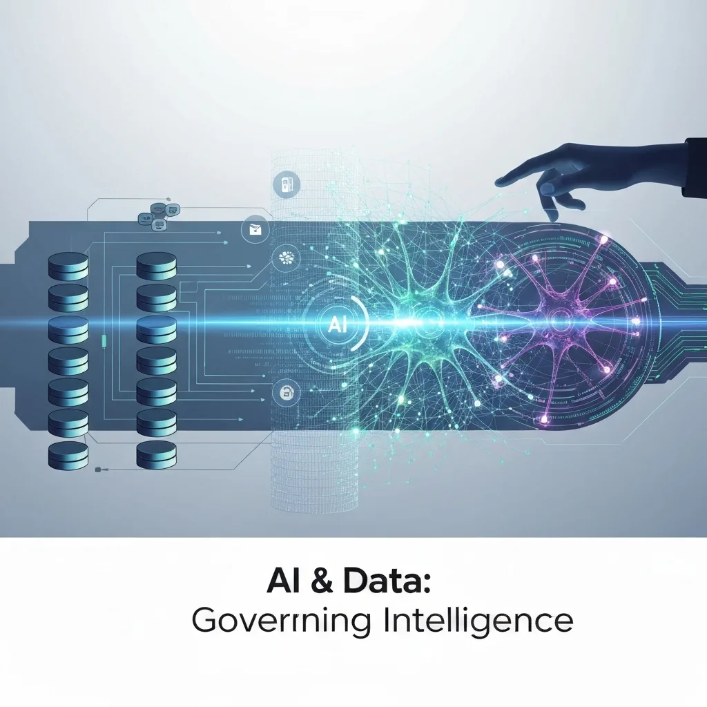 A modern digital illustration showing the contrast and integration of structured traditional data (left) flowing into a dynamic, glowing AI neural network (right), with abstract ethical guidelines overseeing the process. The headline "AI & Data: Governing Intelligence" is overlaid. This image visually represents "AI vs. Traditional Data Governance: A Practical Guide for Engineers."