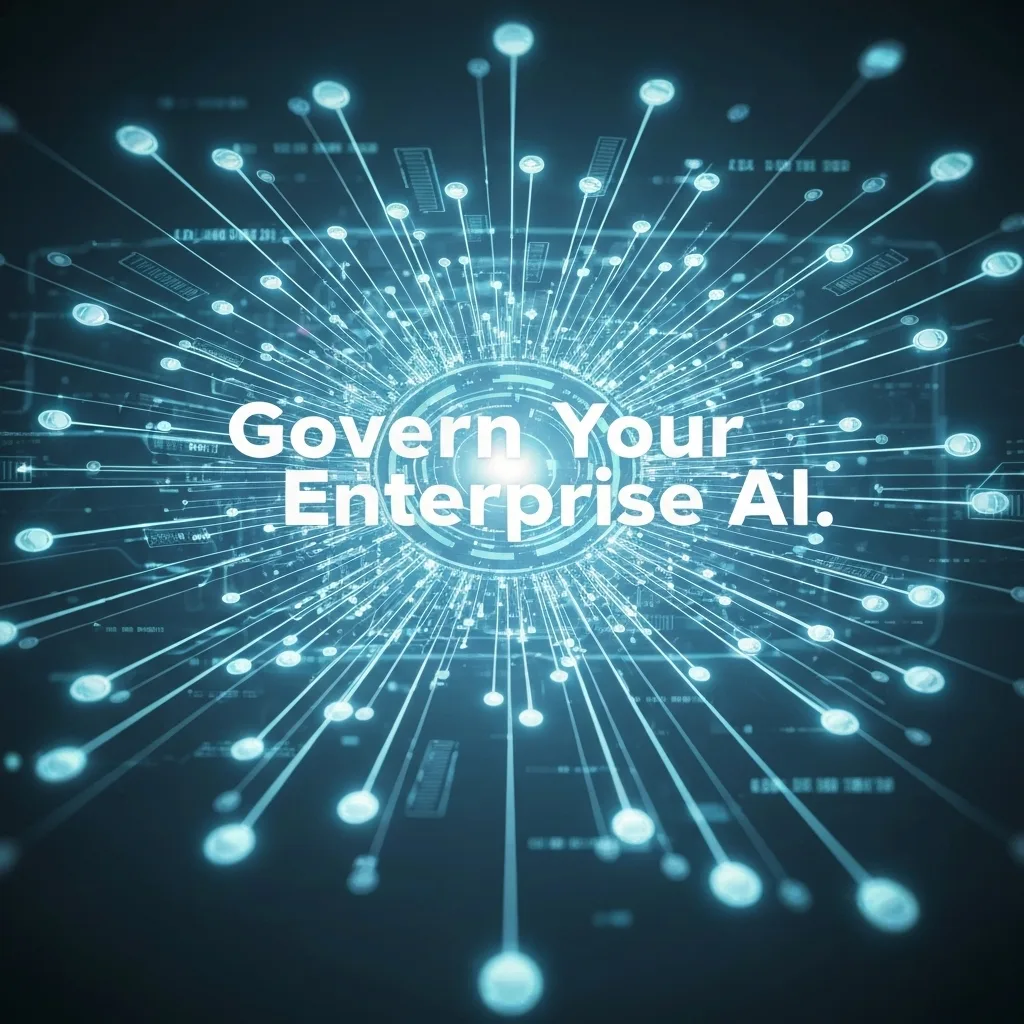 A futuristic digital concept art image showing a central AI governance control hub with interconnected data streams and nodes, symbolizing the management and oversight of enterprise AI systems. The image visually represents the "Top 8 AI Governance Platforms for Enterprise in 2024" by conveying order, security, and responsible AI implementation.