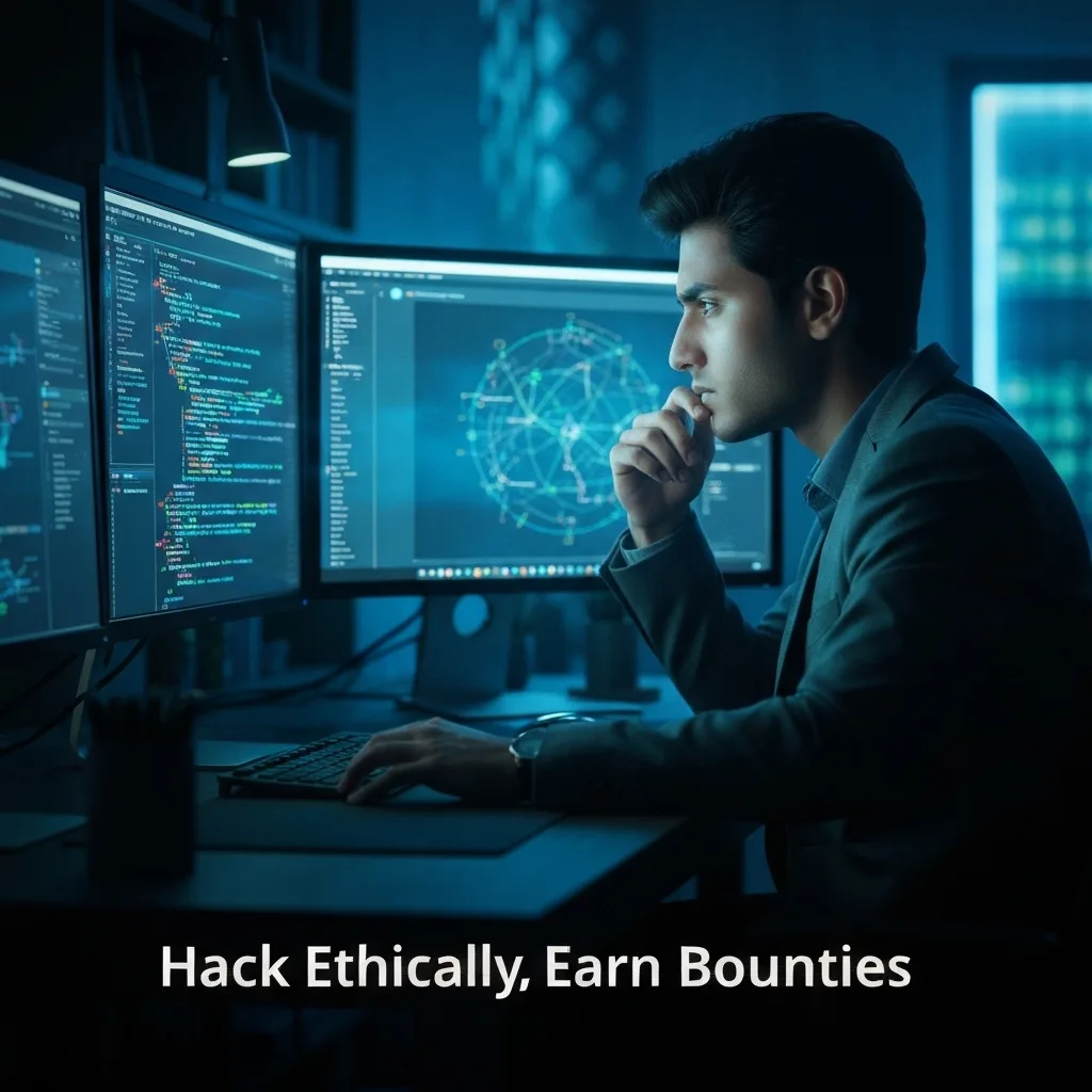 A young, focused individual, representing a Pakistani bug bounty hunter, working on multiple computer screens displaying code and network diagrams in a modern cybersecurity lab, with the headline "Hack Ethically, Earn Bounties". This image illustrates "How to Become a Bug Bounty Hunter in Pakistan: A Step-by-Step Guide".