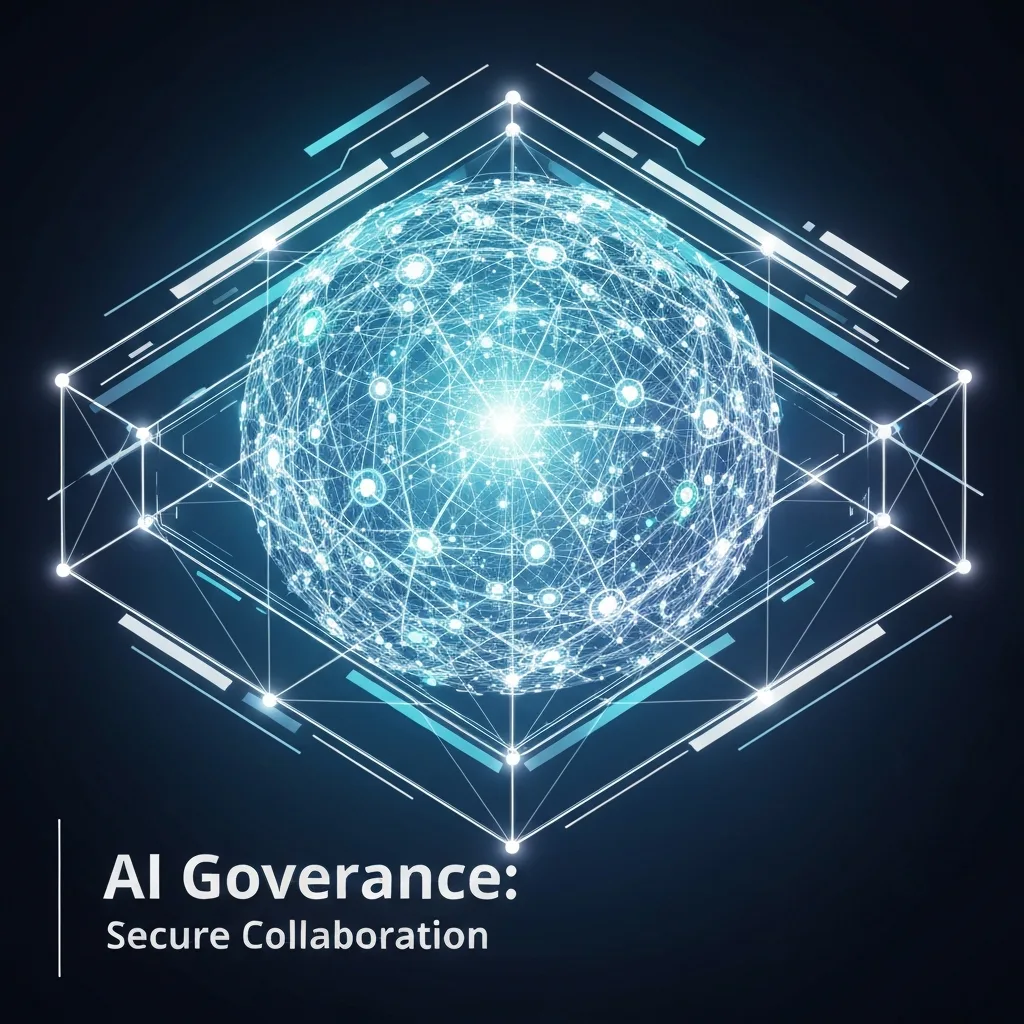 A modern digital illustration showing an abstract, glowing network of interconnected nodes and data streams, representing multi-institution AI research. A translucent, geometric framework overlays and guides this complex web, symbolizing AI governance and secure collaboration. The image addresses the 5 Critical AI Governance Challenges in Multi-Institution Research Labs.